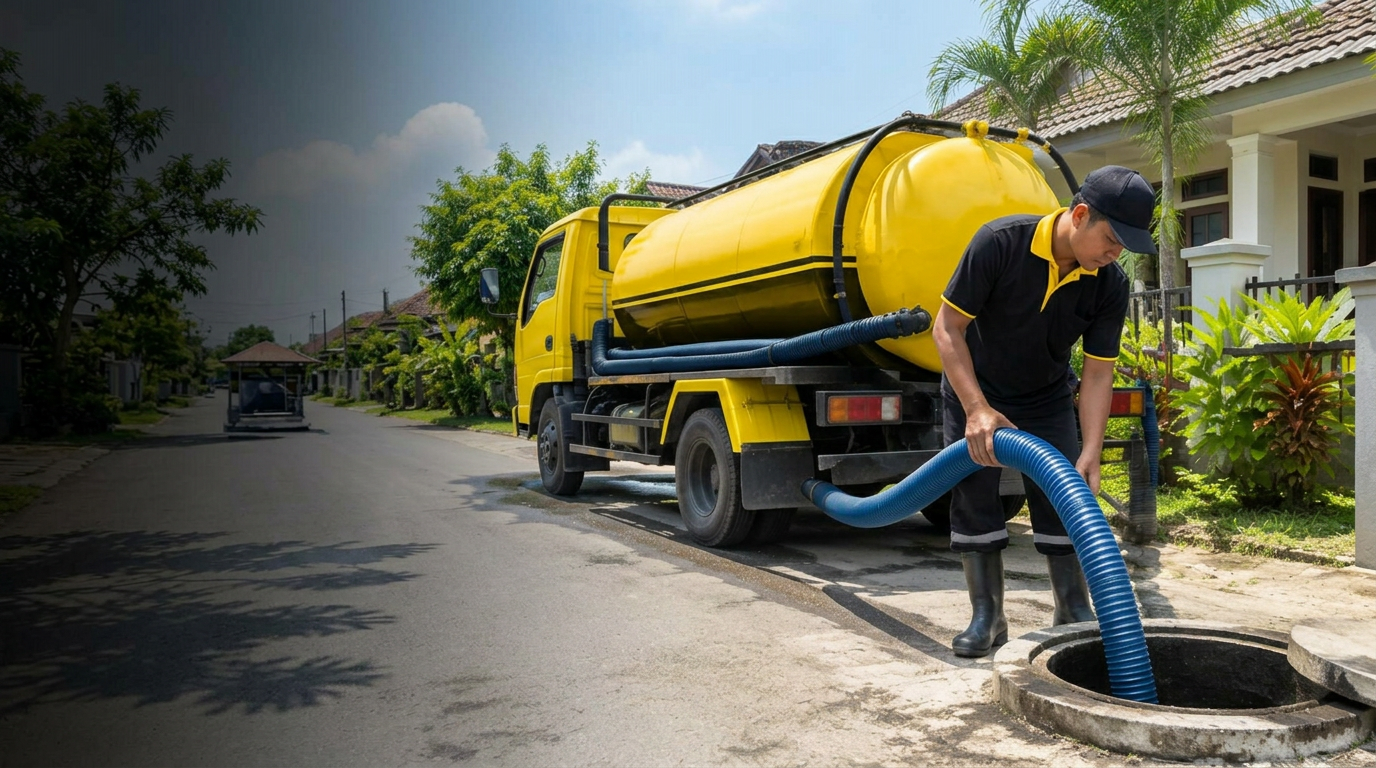 Tim sedot WC dengan mobil tangki dan selang penyedotan di rumah pelanggan